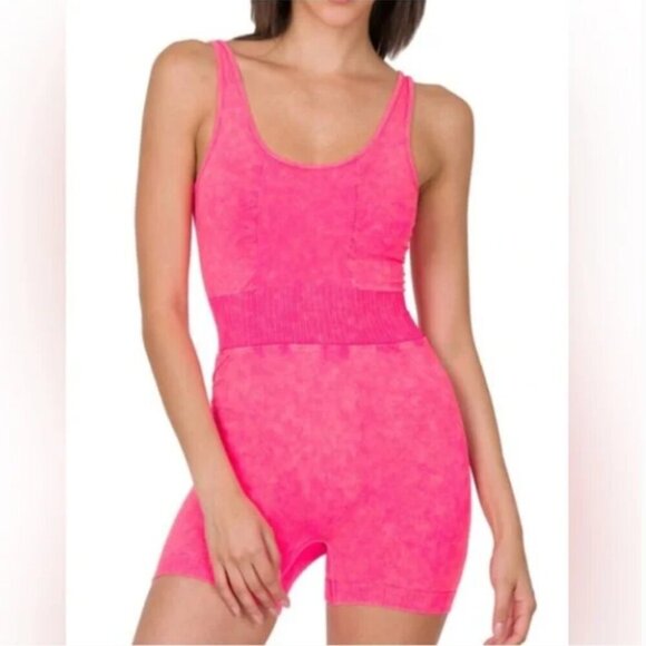 Zenana Outfitters Pants - Zenana Outfitters LIKE NEW hot pink mineral wash spandex onesie romper L/XL